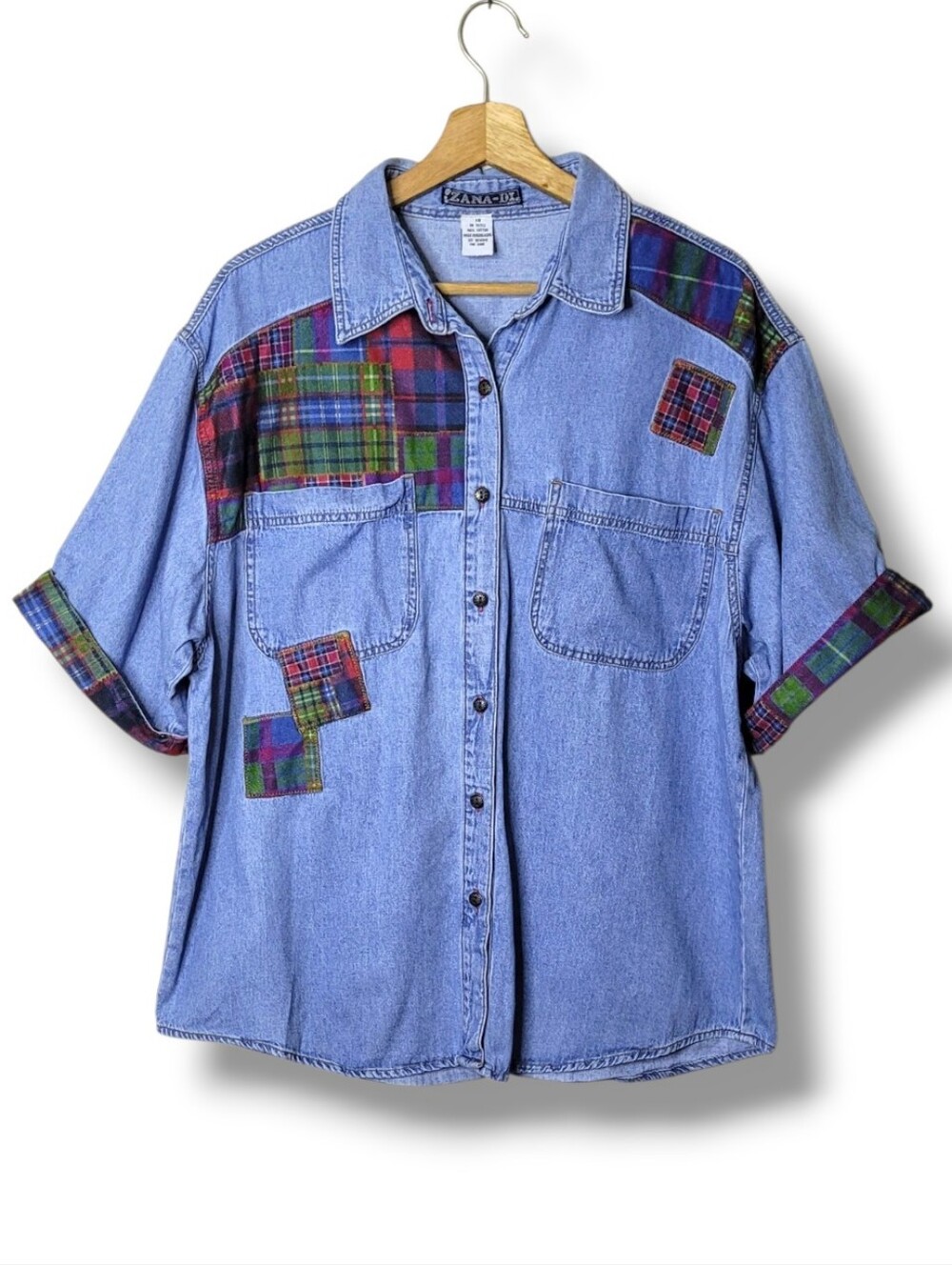 Zana Di Light Blue Denim Button-Down Shirt with Multicolor Plaid Patches